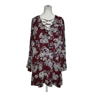 Speechless Floral Lined Tunic Dress Size Large Bell Sleeve Plum & Gray V-Neck
